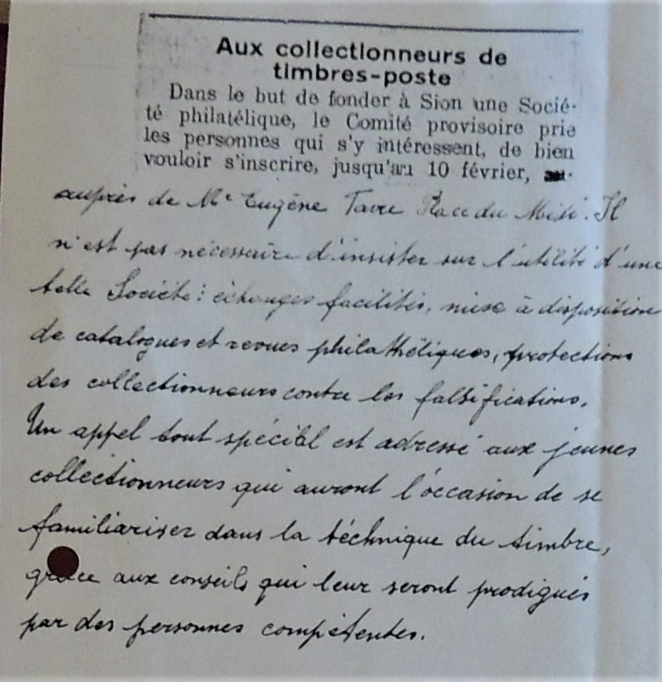 Comité provisoir de la société philatélique de Sion - Février 1942